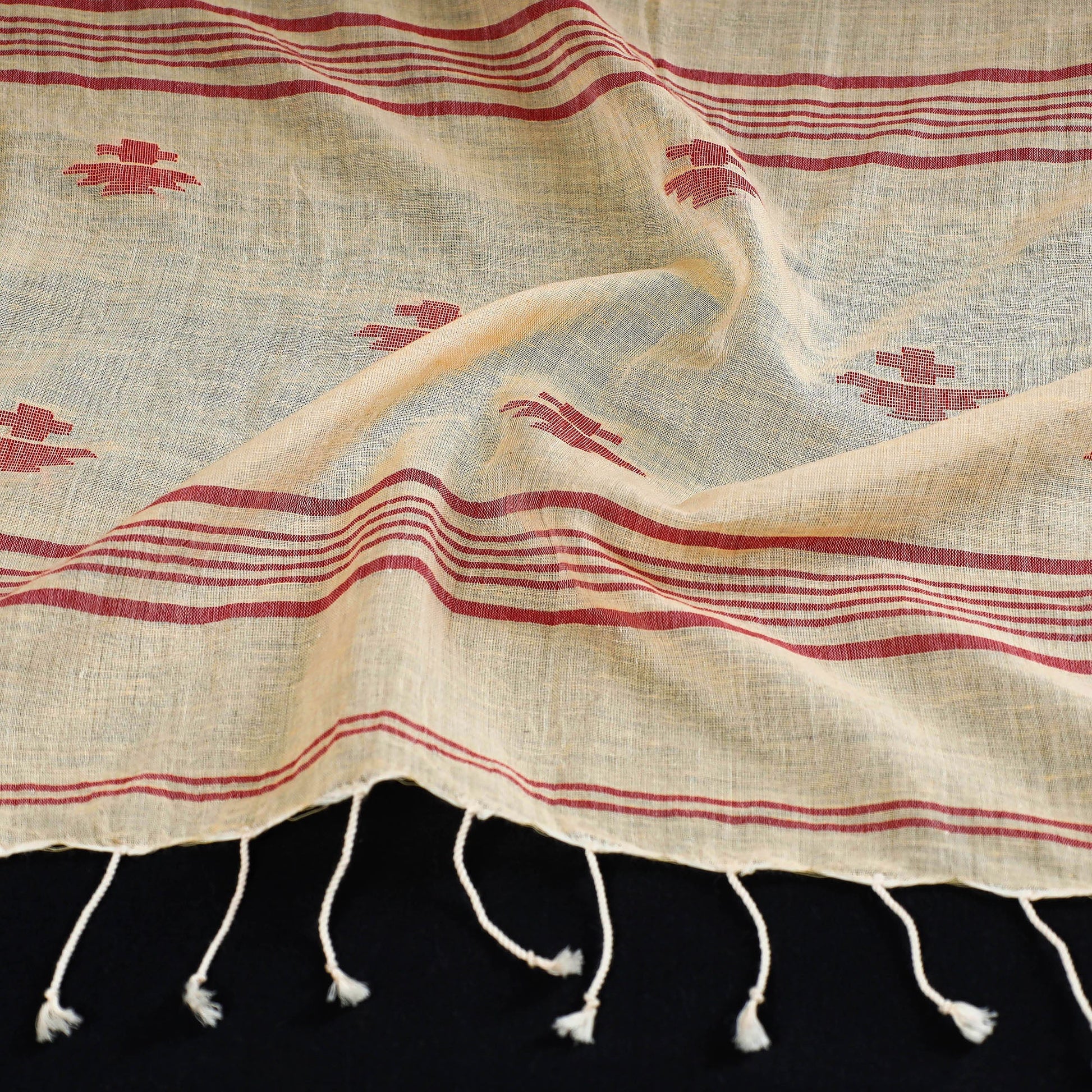 Beige - Burdwan Jamdani Buti Handloom Cotton Stole with Tassels