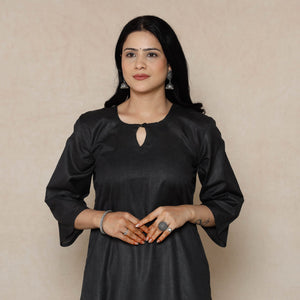 Black - Linen Viscose Plain Long Straight Kurta
