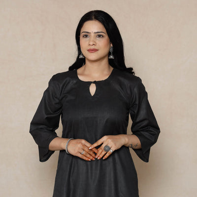 Black - Linen Viscose Plain Long Straight Kurta