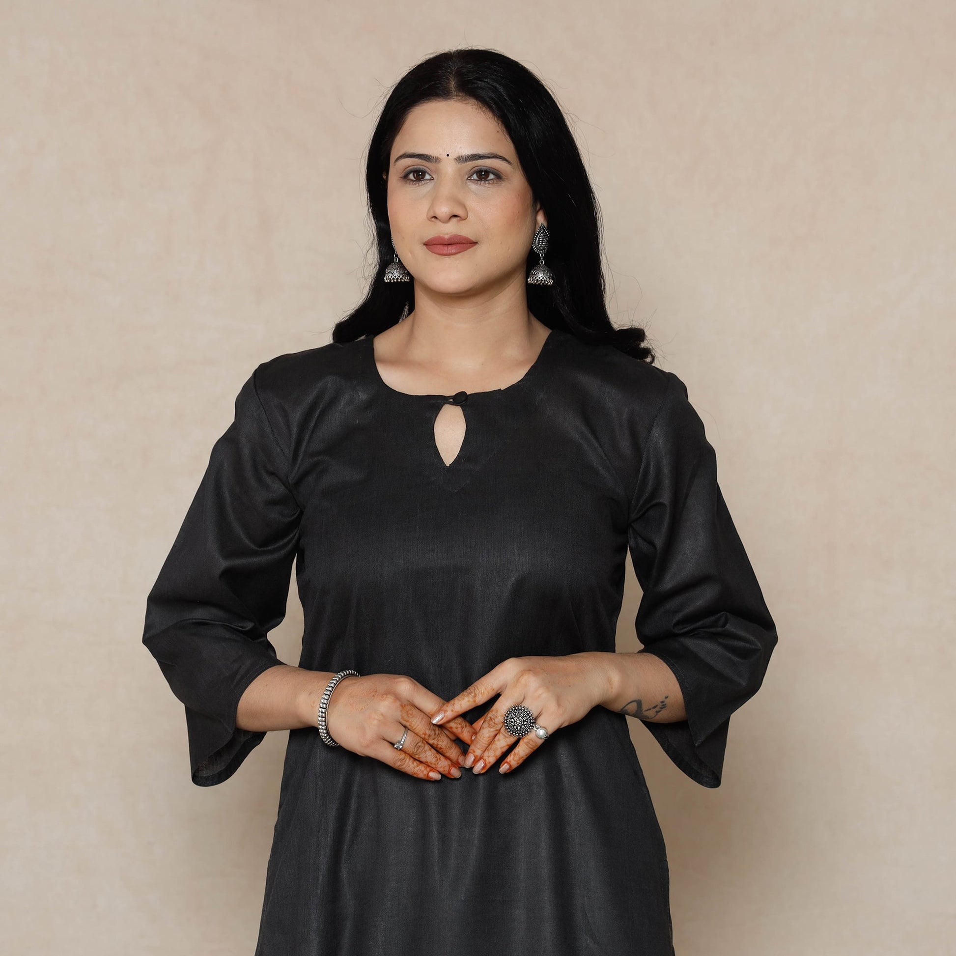 Black - Linen Viscose Plain Long Straight Kurta