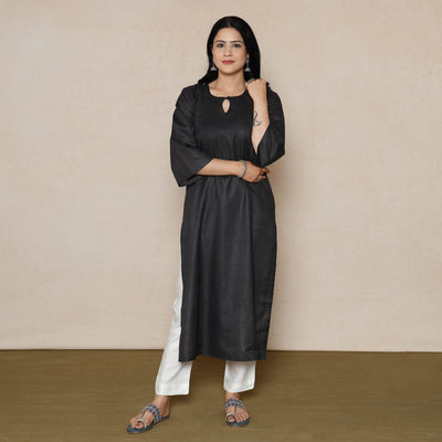Black - Linen Viscose Plain Long Straight Kurta