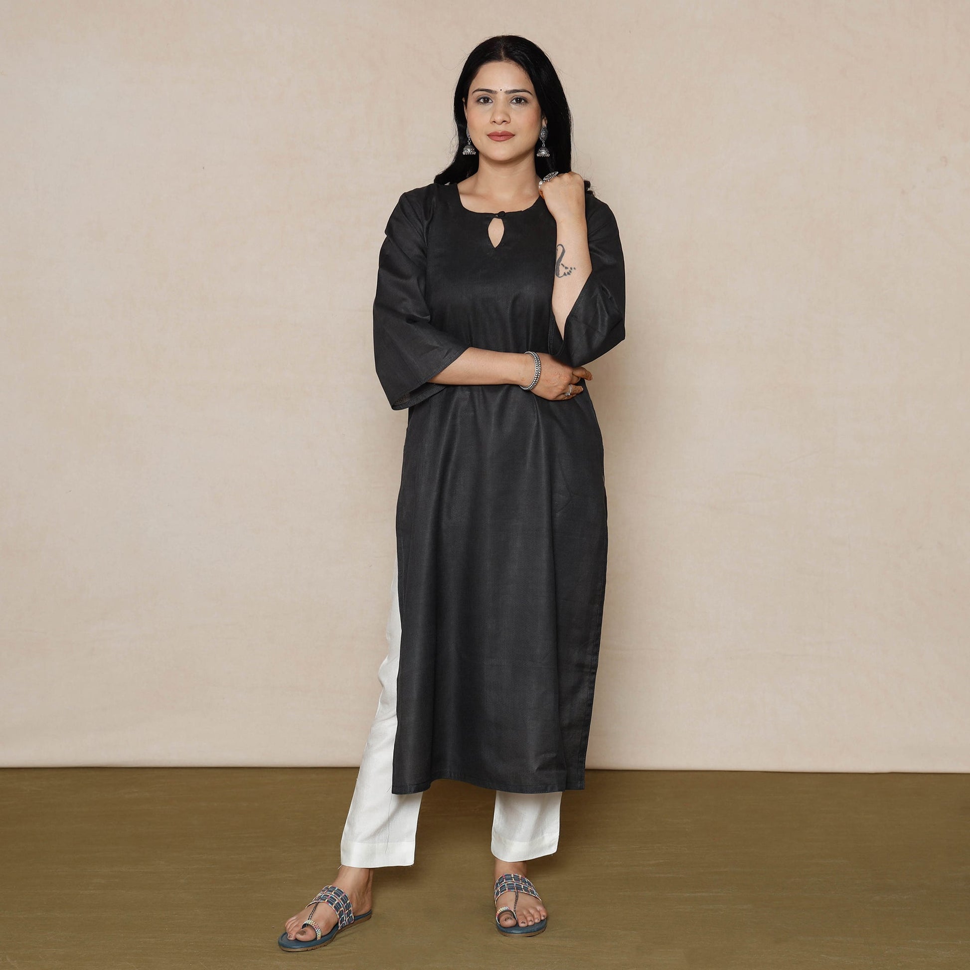 Black - Linen Viscose Plain Long Straight Kurta