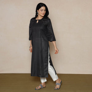 Black - Linen Viscose Plain Long Straight Kurta