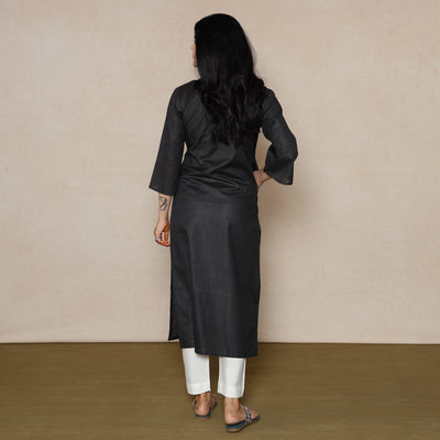 Black - Linen Viscose Plain Long Straight Kurta