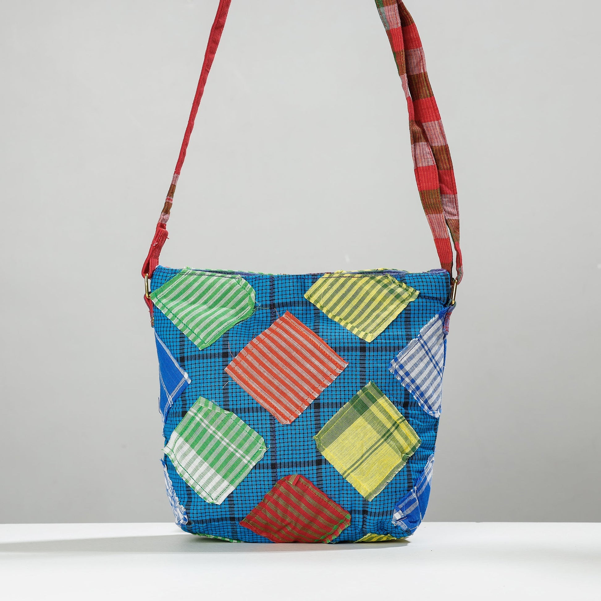Blue - Gamcha Fabric Hand Embroidered Sling Bag
