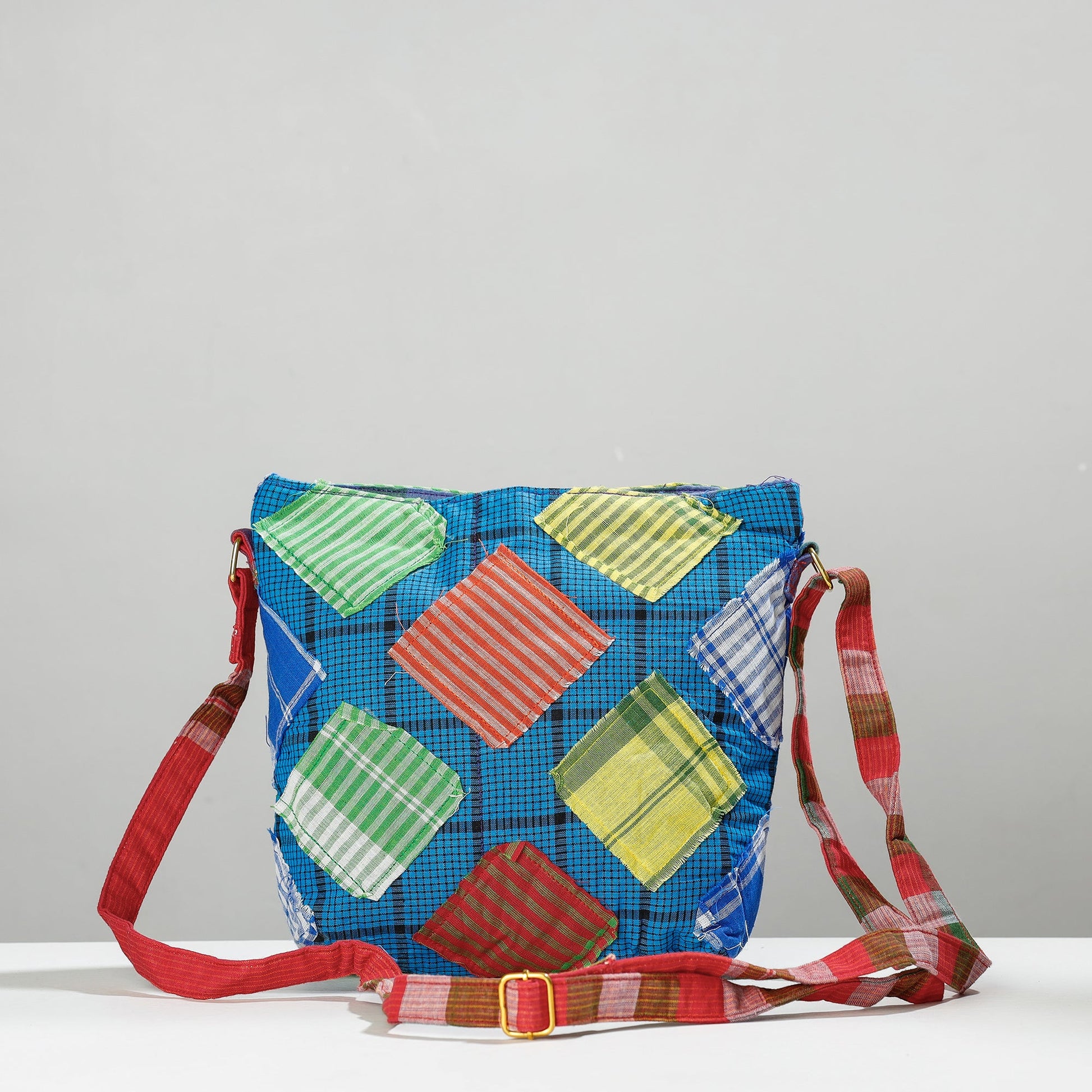 Blue - Gamcha Fabric Hand Embroidered Sling Bag
