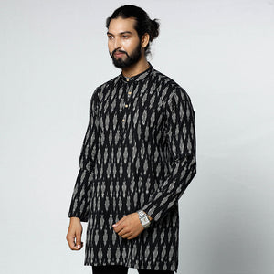 Black - Pochampally Ikat Weave Cotton Men Short Kurta