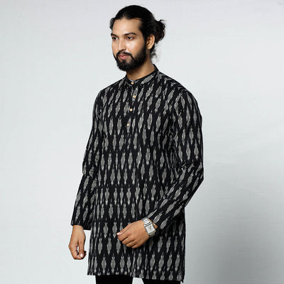 Black - Pochampally Ikat Weave Cotton Men Short Kurta