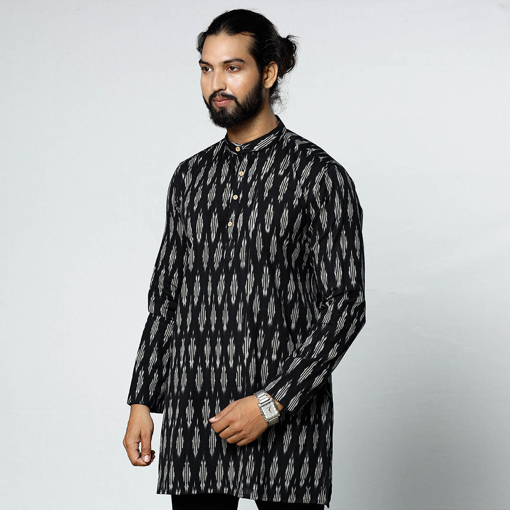 Black - Pochampally Ikat Weave Cotton Men Short Kurta