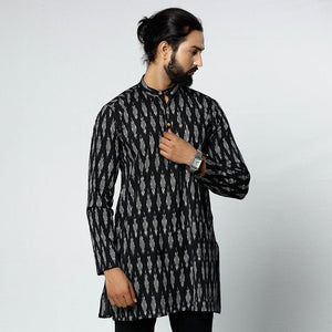 Black - Pochampally Ikat Weave Cotton Men Short Kurta
