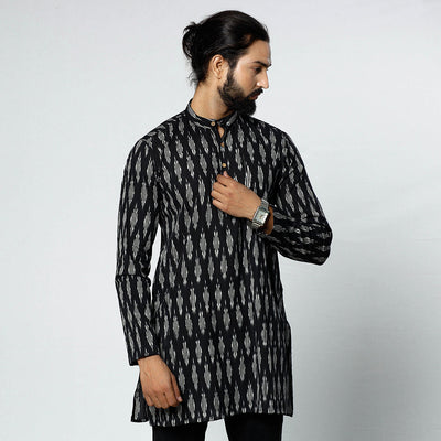 Black - Pochampally Ikat Weave Cotton Men Short Kurta