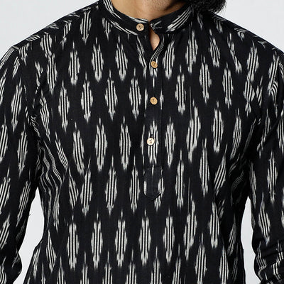 Black - Pochampally Ikat Weave Cotton Men Short Kurta