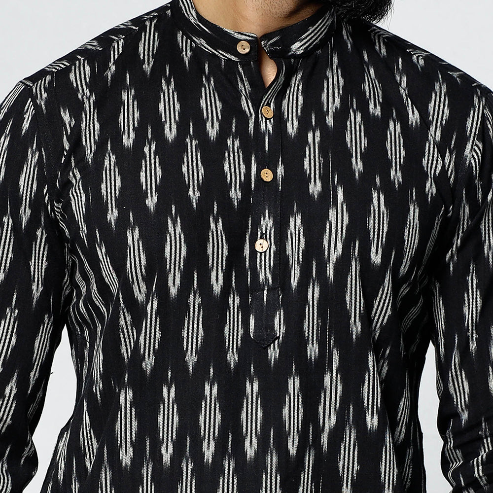 Black - Pochampally Ikat Weave Cotton Men Short Kurta