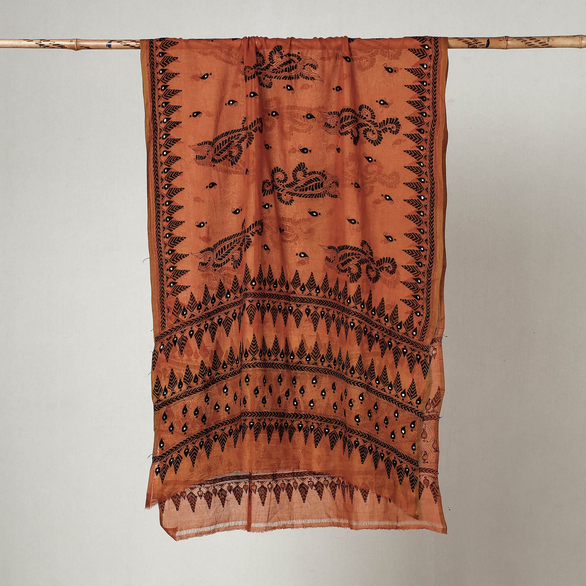 Brown - Bengal Kantha Embroidered Cotton Handloom Dupatta