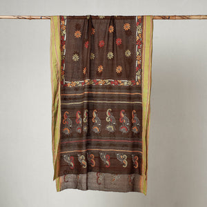 Brown - Bengal Kantha Embroidered Cotton Handloom Dupatta