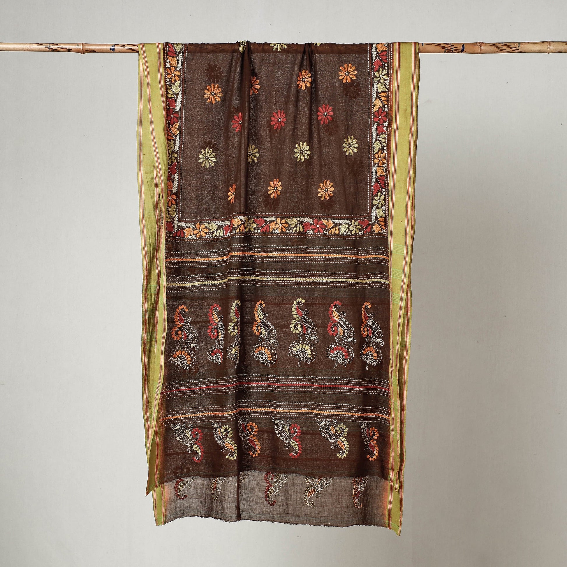 Brown - Bengal Kantha Embroidered Cotton Handloom Dupatta