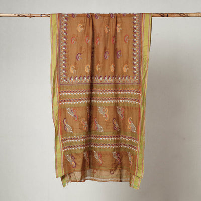 Brown - Bengal Kantha Embroidered Cotton Handloom Dupatta