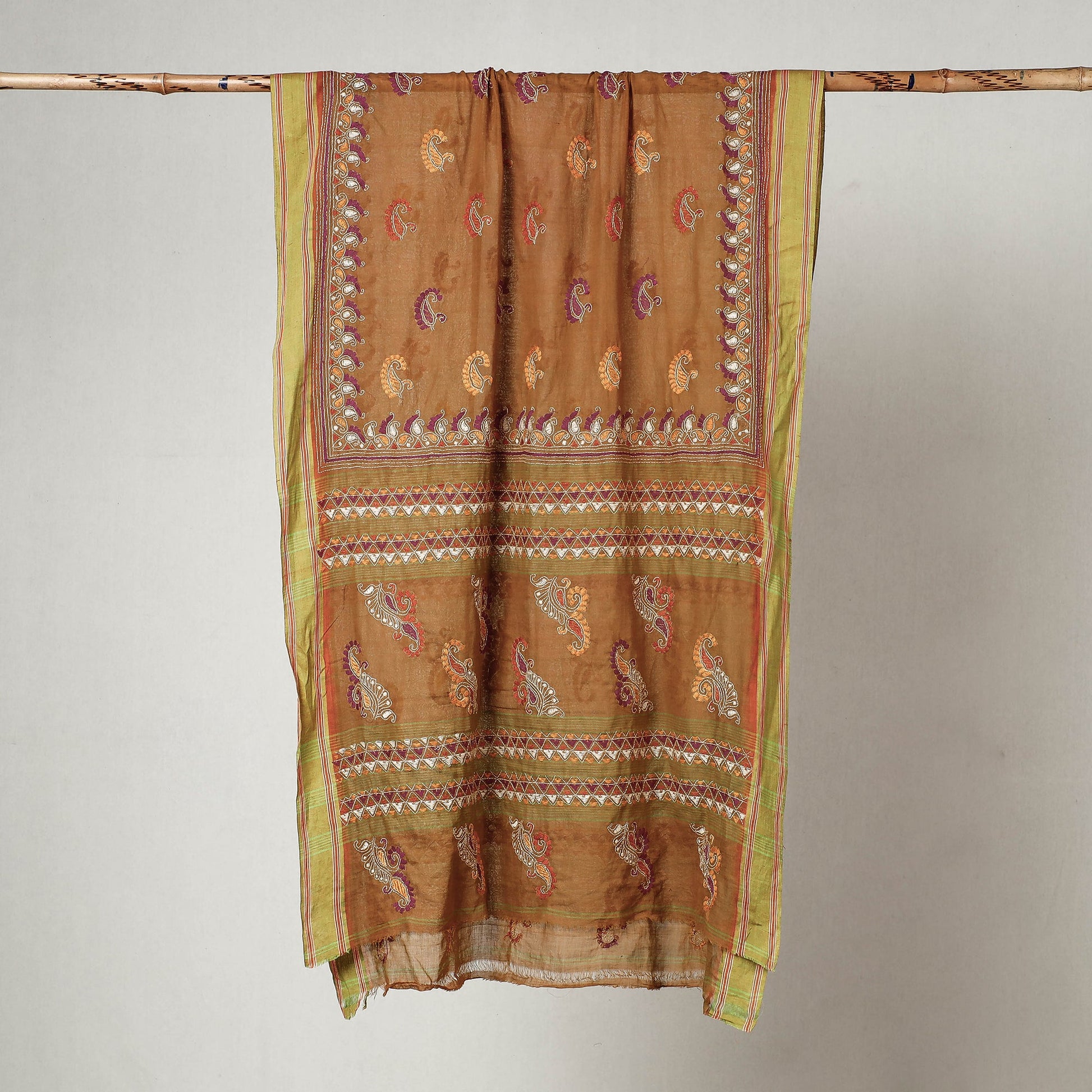 Brown - Bengal Kantha Embroidered Cotton Handloom Dupatta