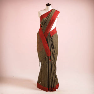 Brown - Bengal Woven Border Handloom Pure Cotton Saree
