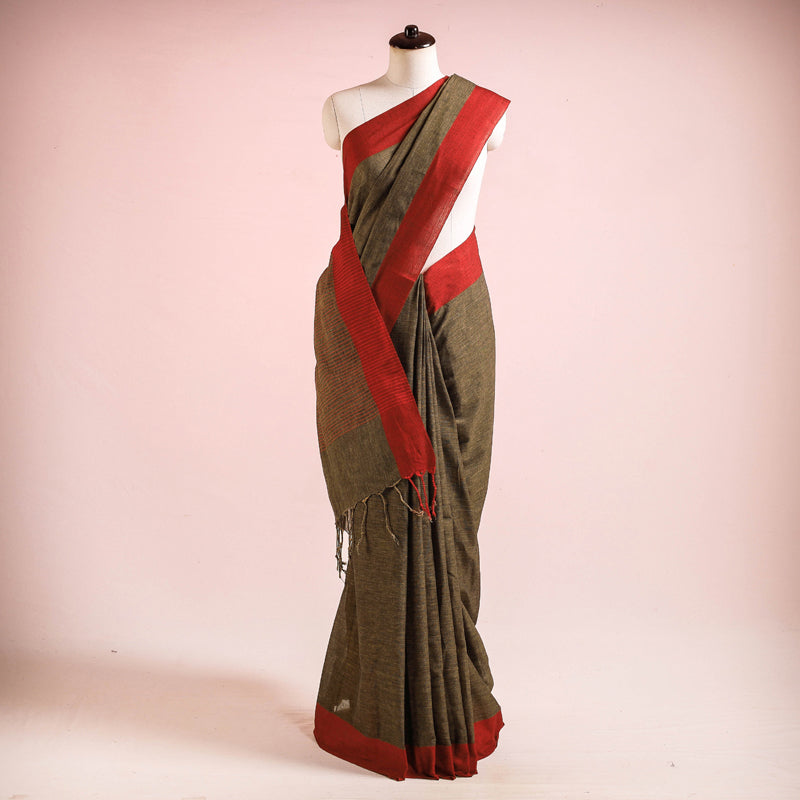 Brown - Bengal Woven Border Handloom Pure Cotton Saree