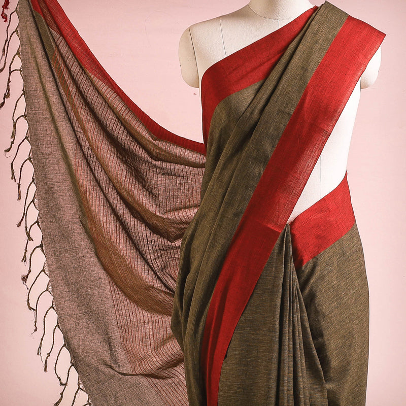 Brown - Bengal Woven Border Handloom Pure Cotton Saree