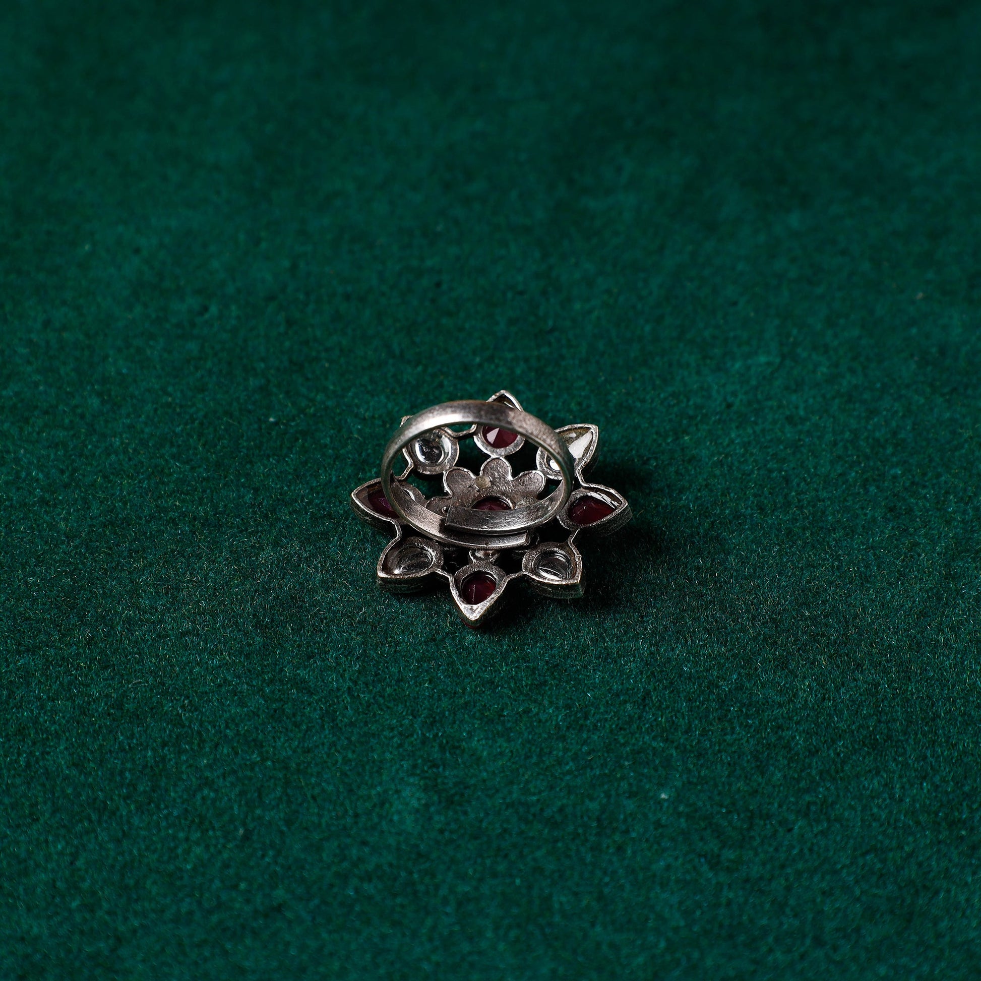 Antique Silver Finish Oxidised Brass Base Stone Work Ring (Adjustable)