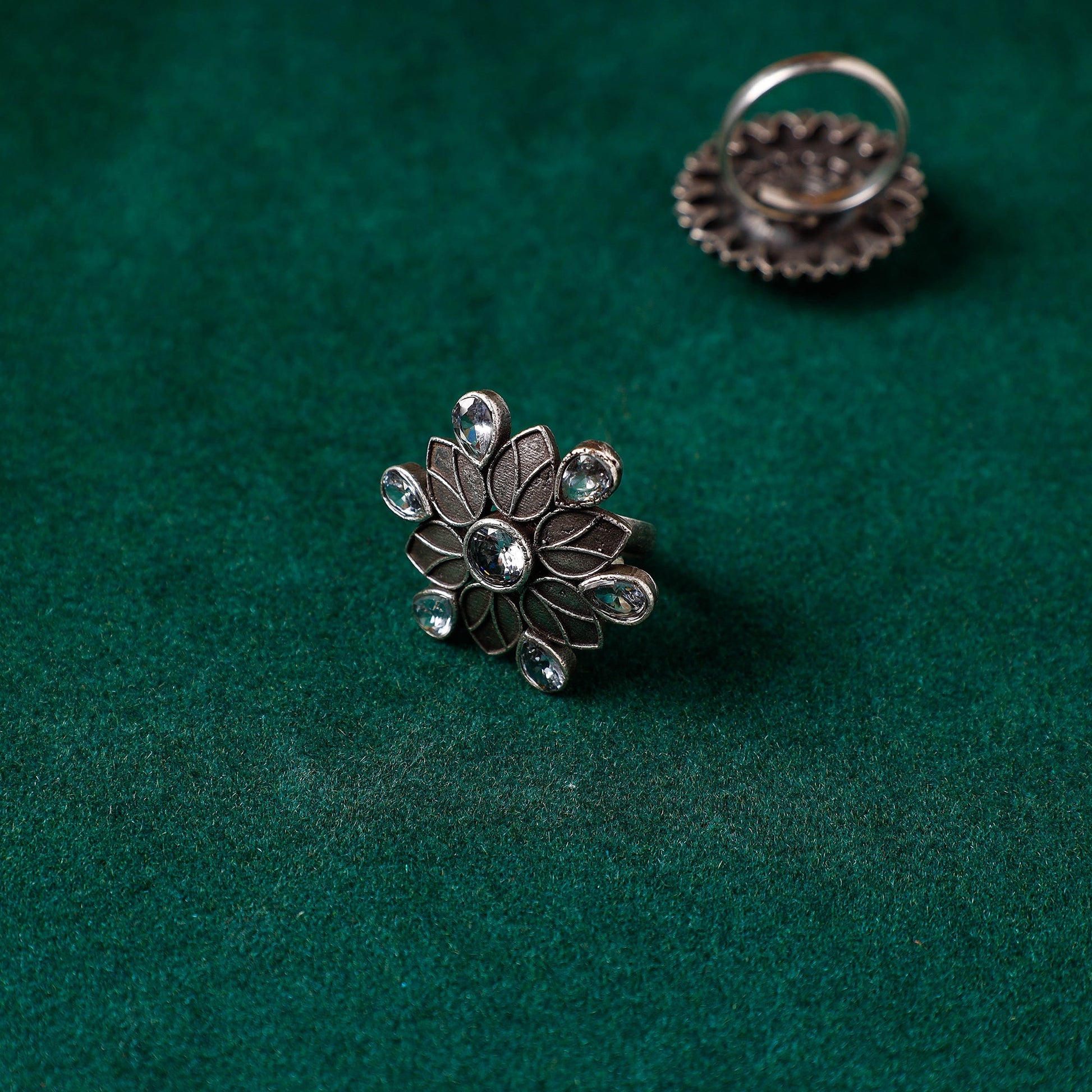 Antique Silver Finish Oxidised Brass Base Stone Work Ring (Adjustable)