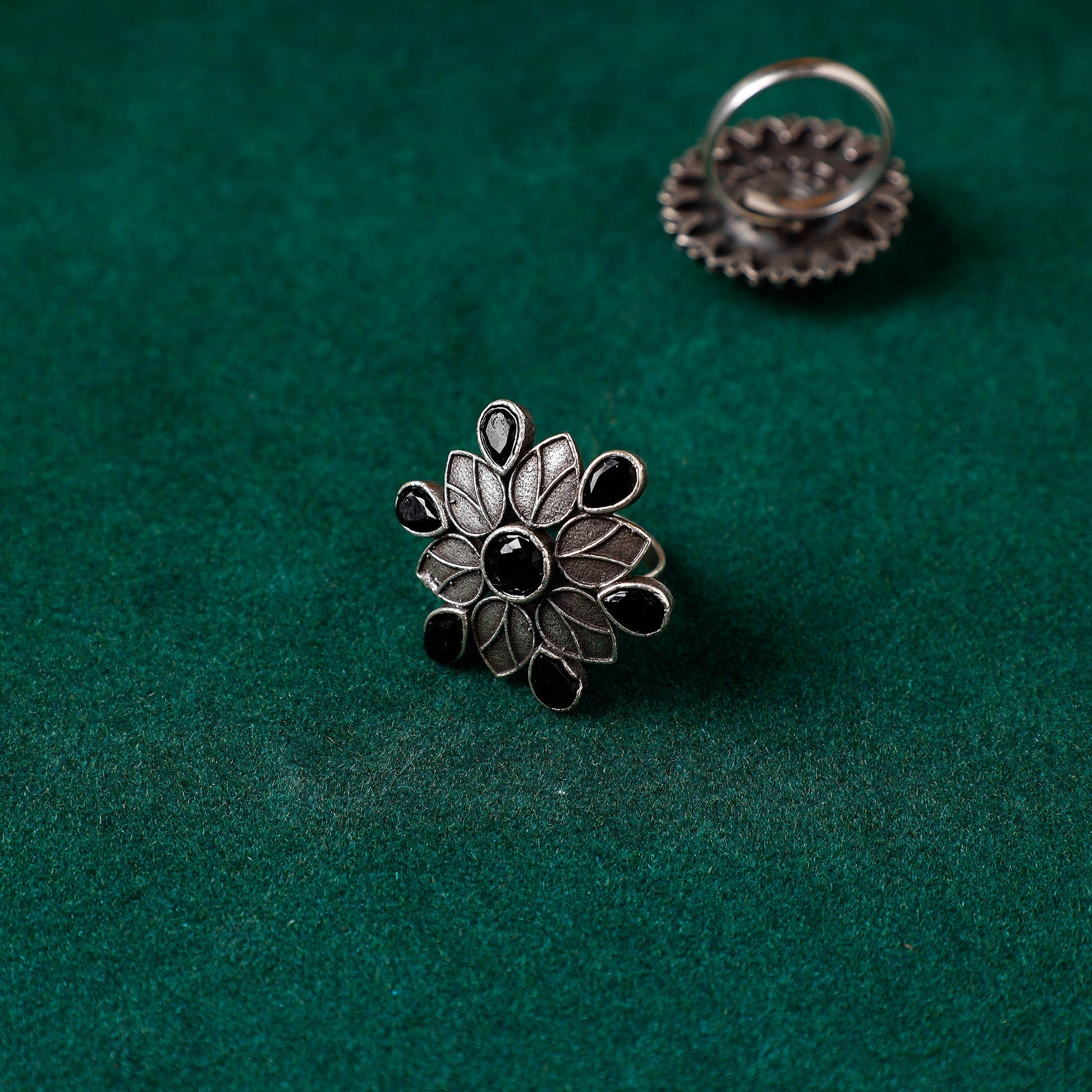 Antique Silver Finish Oxidised Brass Base Stone Work Ring (Adjustable)