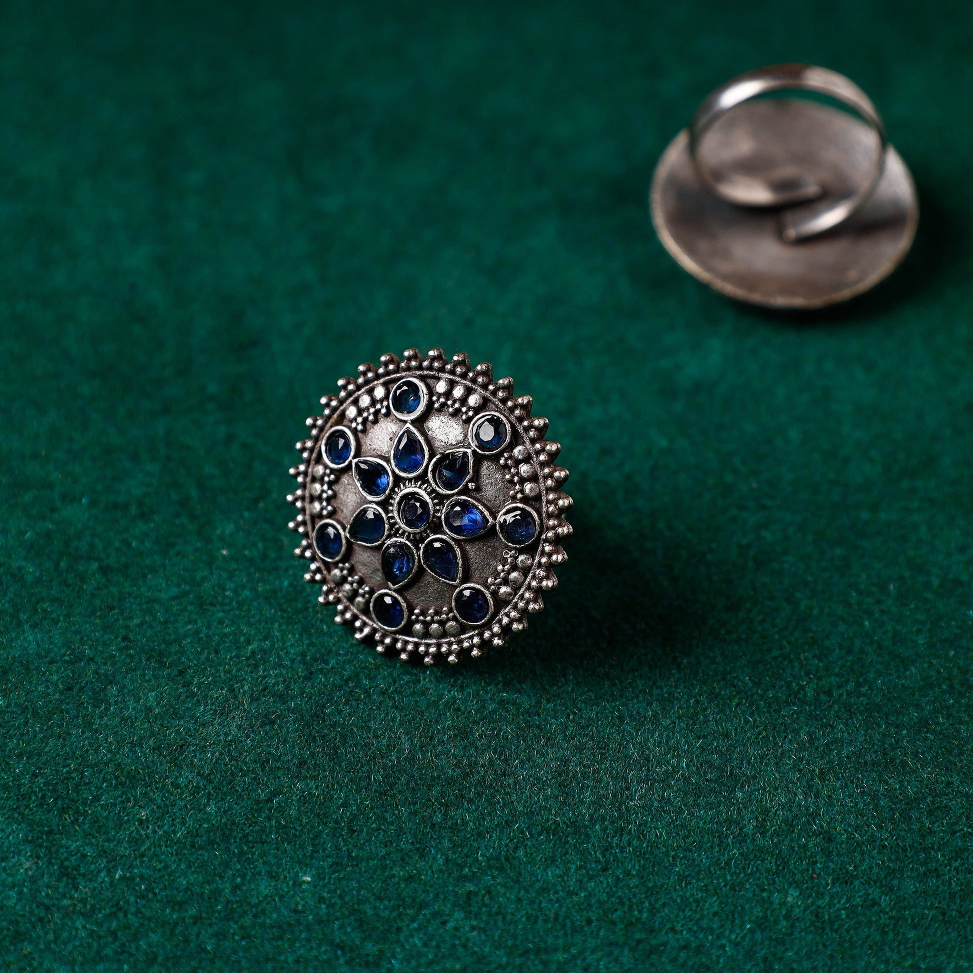 Antique Silver Finish Oxidised Brass Base Stone Work Ring (Adjustable)