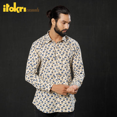 Beige -  Lotus Ajrakh Block Printed Cotton Men Full Sleeve Shirt