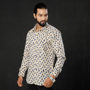 Beige -  Lotus Ajrakh Block Printed Cotton Men Full Sleeve Shirt