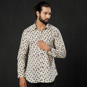 Beige -  Lotus Ajrakh Block Printed Cotton Men Full Sleeve Shirt