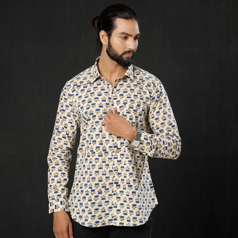 Beige -  Lotus Ajrakh Block Printed Cotton Men Full Sleeve Shirt