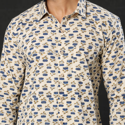 Beige -  Lotus Ajrakh Block Printed Cotton Men Full Sleeve Shirt