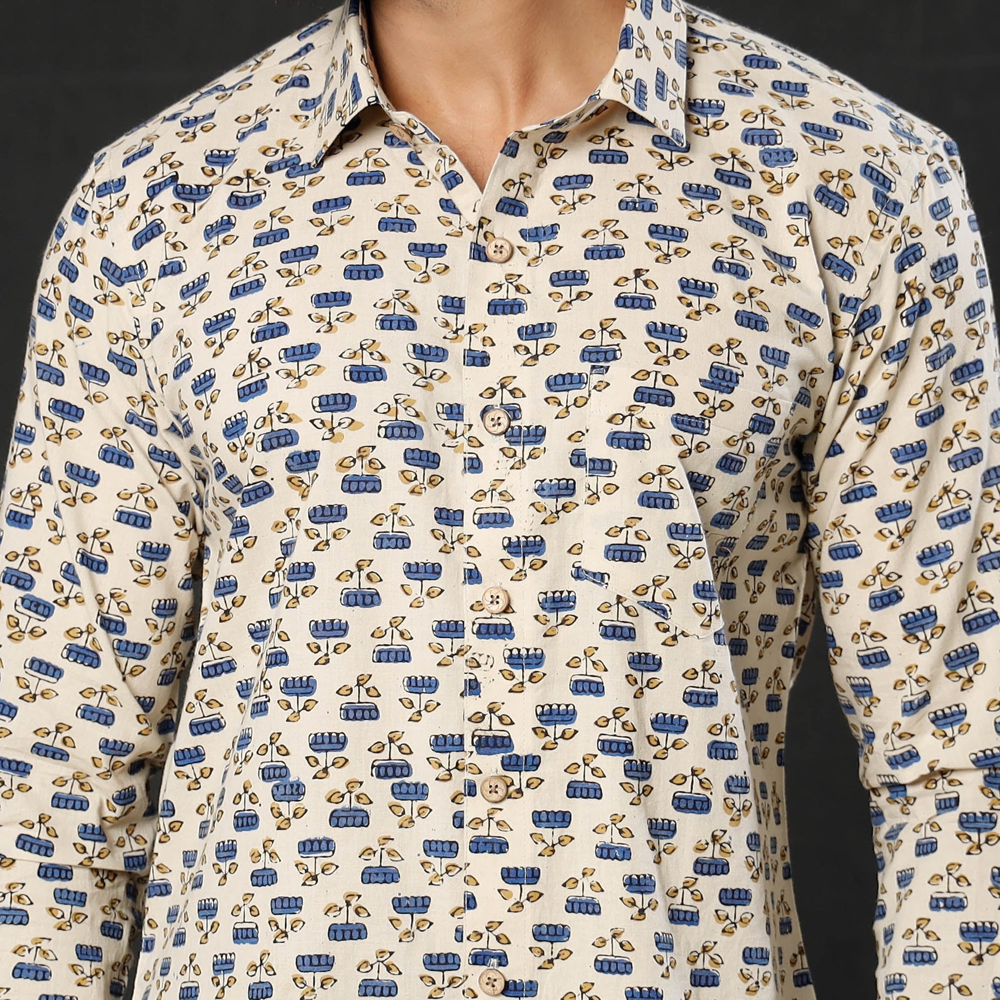 Beige -  Lotus Ajrakh Block Printed Cotton Men Full Sleeve Shirt