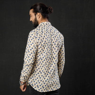 Beige -  Lotus Ajrakh Block Printed Cotton Men Full Sleeve Shirt
