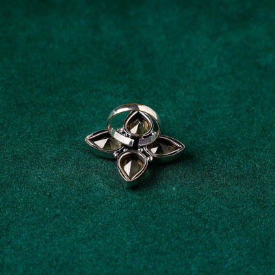 Antique Silver Finish Oxidised Brass Base Stone Work Ring (Adjustable)
