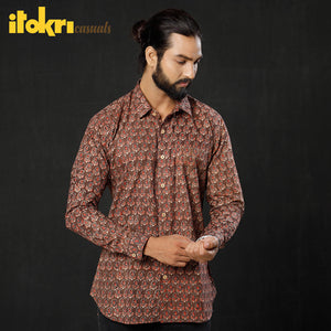 Brown - Red Leaf Buta Ajrakh Block Printed Cotton Men Full Sleeve Shirt