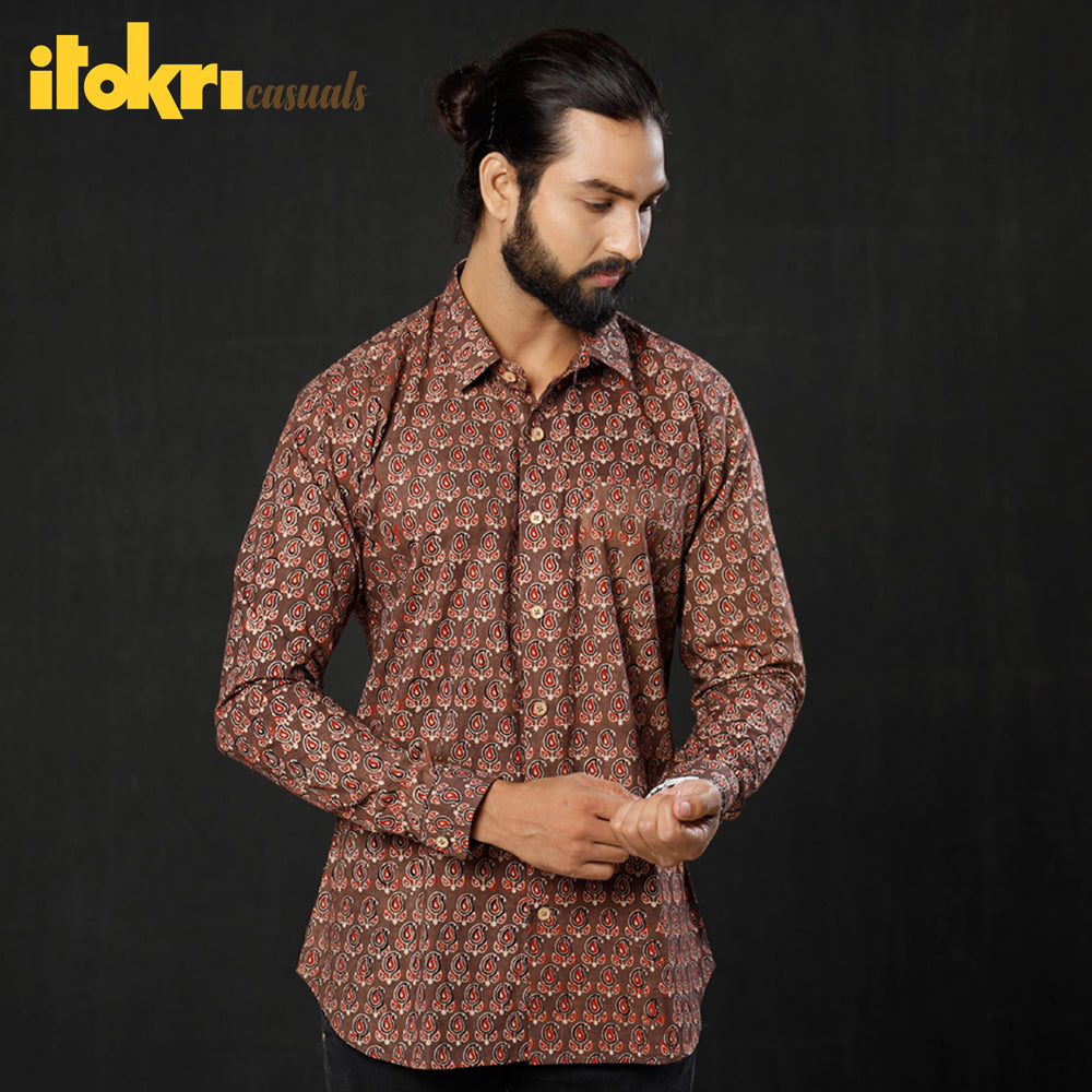 Brown - Red Leaf Buta Ajrakh Block Printed Cotton Men Full Sleeve Shirt