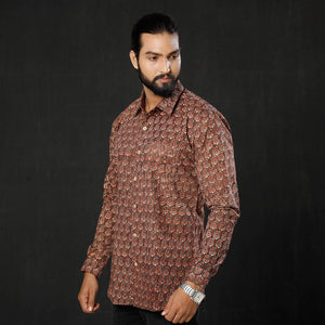 Brown - Red Leaf Buta Ajrakh Block Printed Cotton Men Full Sleeve Shirt