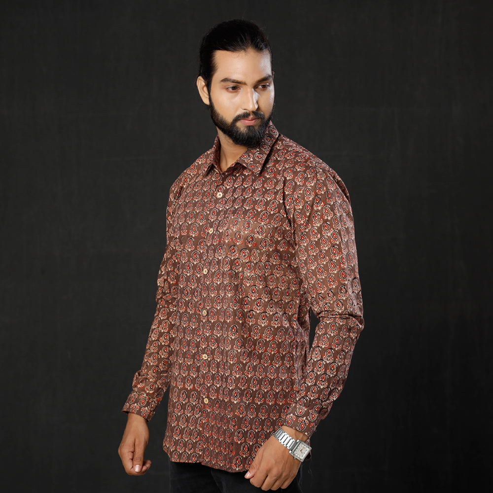 Brown - Red Leaf Buta Ajrakh Block Printed Cotton Men Full Sleeve Shirt