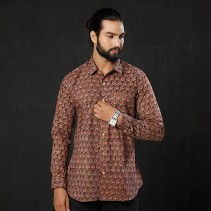 Brown - Red Leaf Buta Ajrakh Block Printed Cotton Men Full Sleeve Shirt
