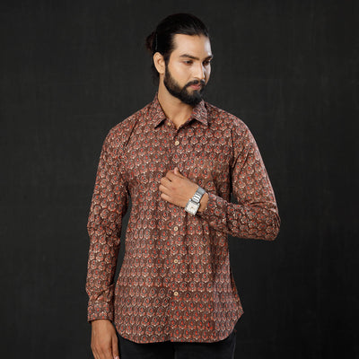 Brown - Red Leaf Buta Ajrakh Block Printed Cotton Men Full Sleeve Shirt