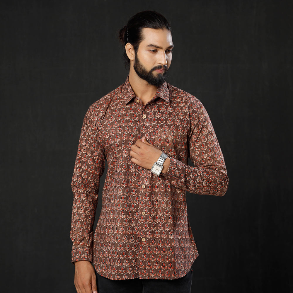 Brown - Red Leaf Buta Ajrakh Block Printed Cotton Men Full Sleeve Shirt