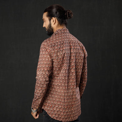 Brown - Red Leaf Buta Ajrakh Block Printed Cotton Men Full Sleeve Shirt