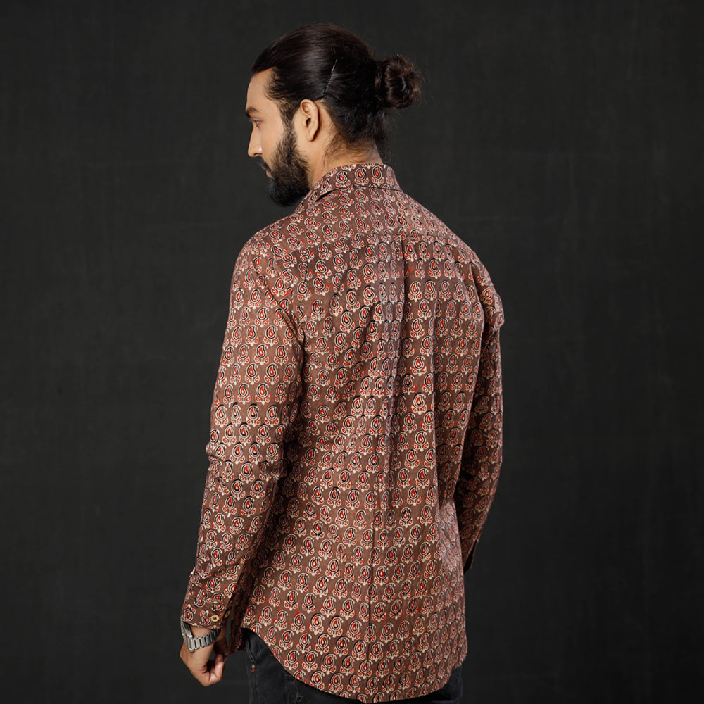 Brown - Red Leaf Buta Ajrakh Block Printed Cotton Men Full Sleeve Shirt