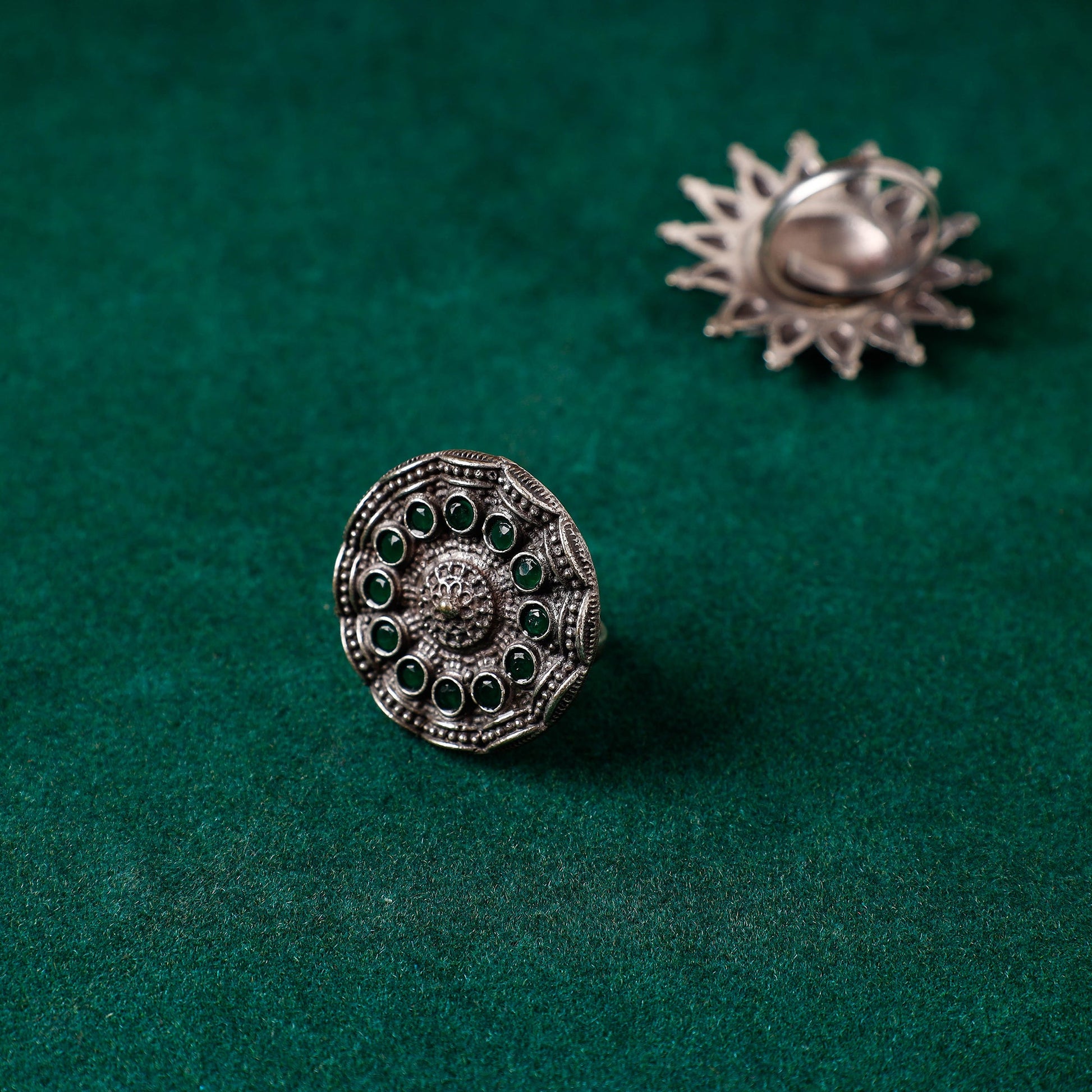 Antique Silver Finish Oxidised Brass Base Stone Work Ring (Adjustable)