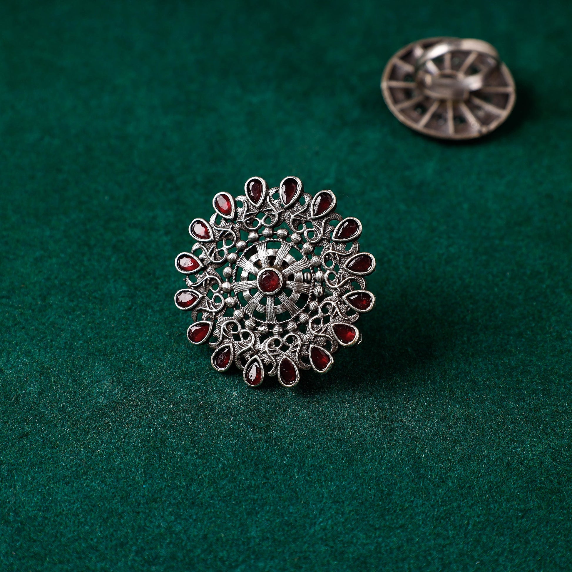 Antique Silver Finish Oxidised Brass Base Stone Work Ring (Adjustable)