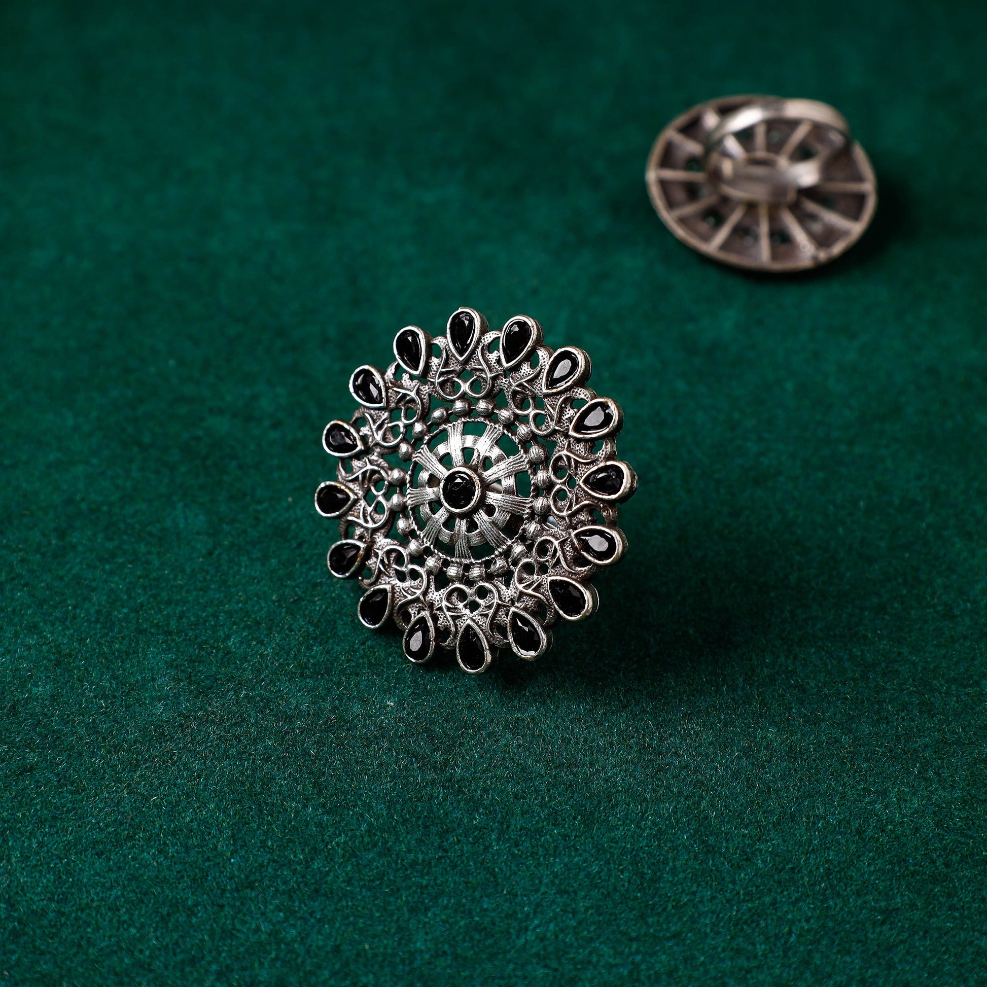Antique Silver Finish Oxidised Brass Base Stone Work Ring (Adjustable)
