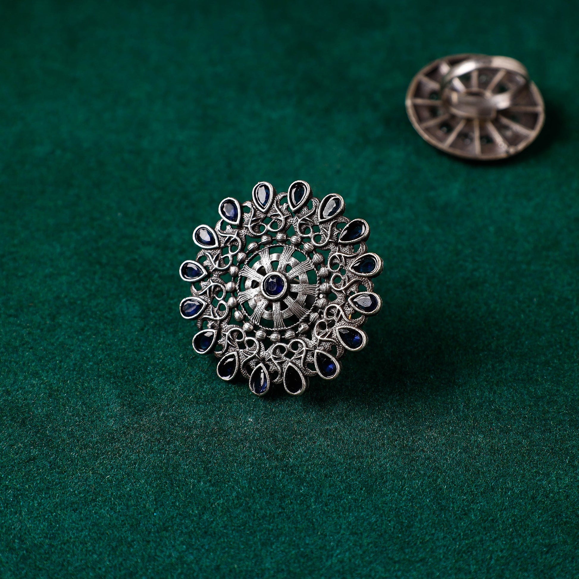 Antique Silver Finish Oxidised Brass Base Stone Work Ring (Adjustable)